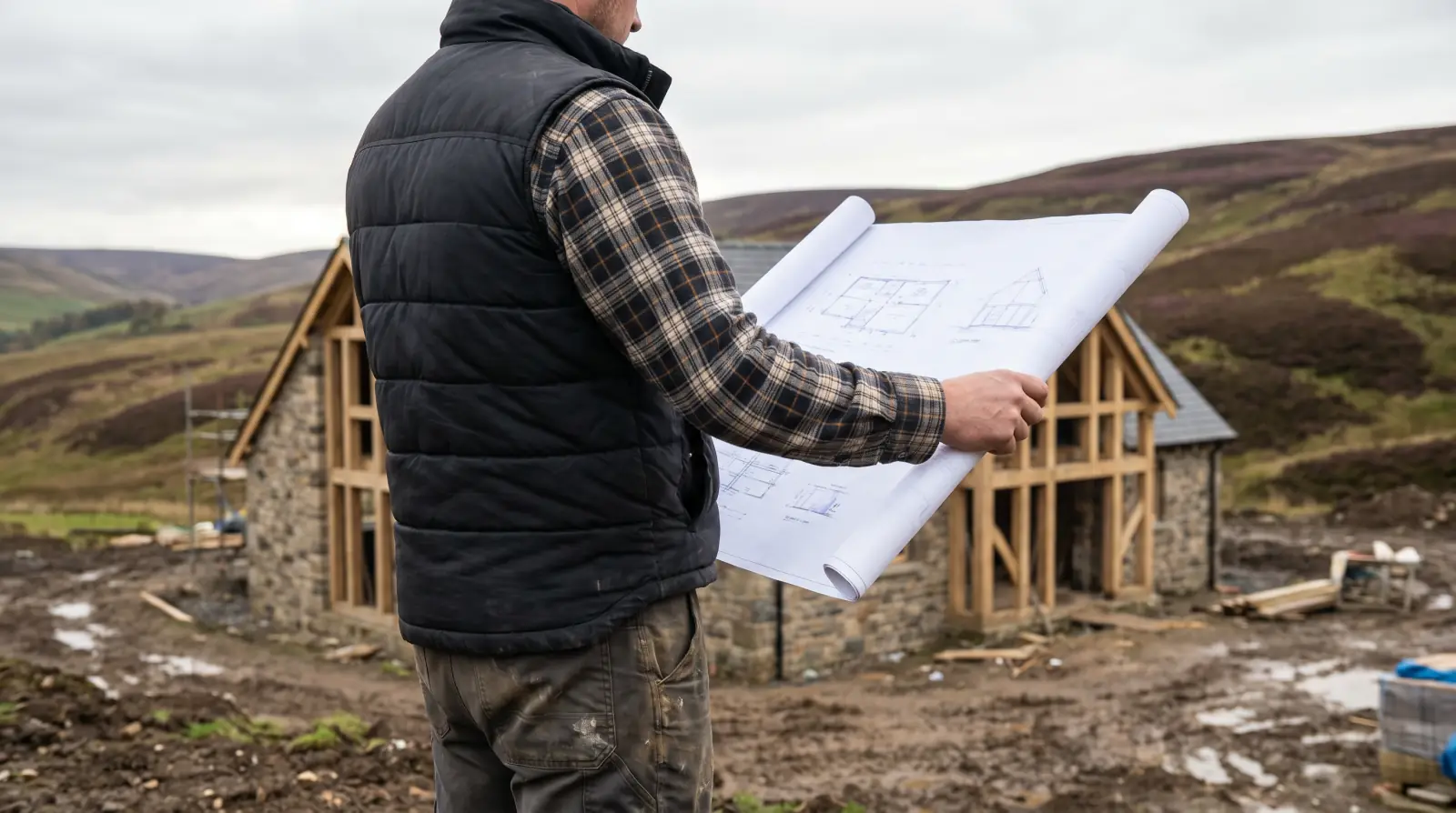 Engineer reviewing low-carbon energy project plans in a Highland setting