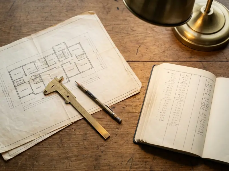 Engineer's desk with technical drawings, calipers and a notebook of figures
