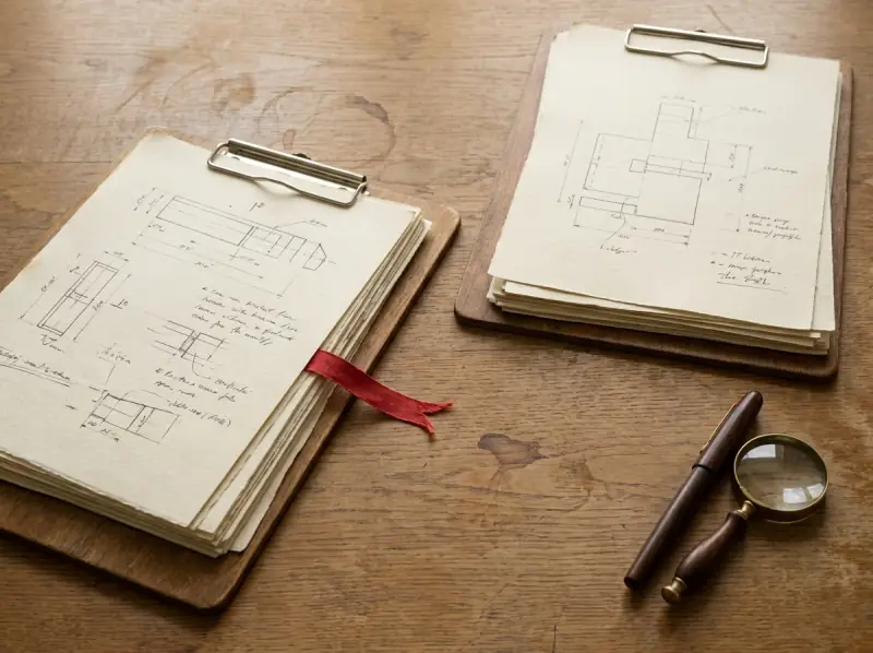Quality-review desk with paired clipboards and a magnifying glass