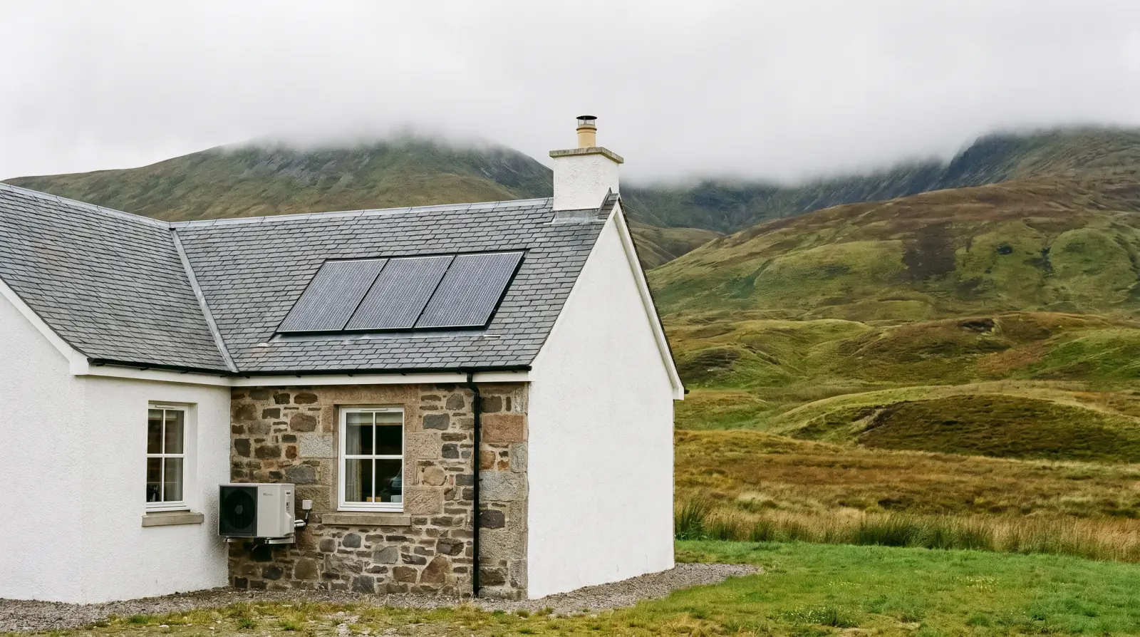 Rural Highland home with solar panels and low-carbon heating equipment