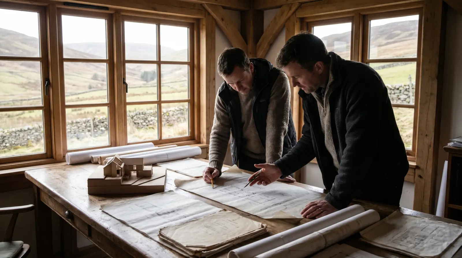 Project partners reviewing low-carbon energy plans on a wooden table