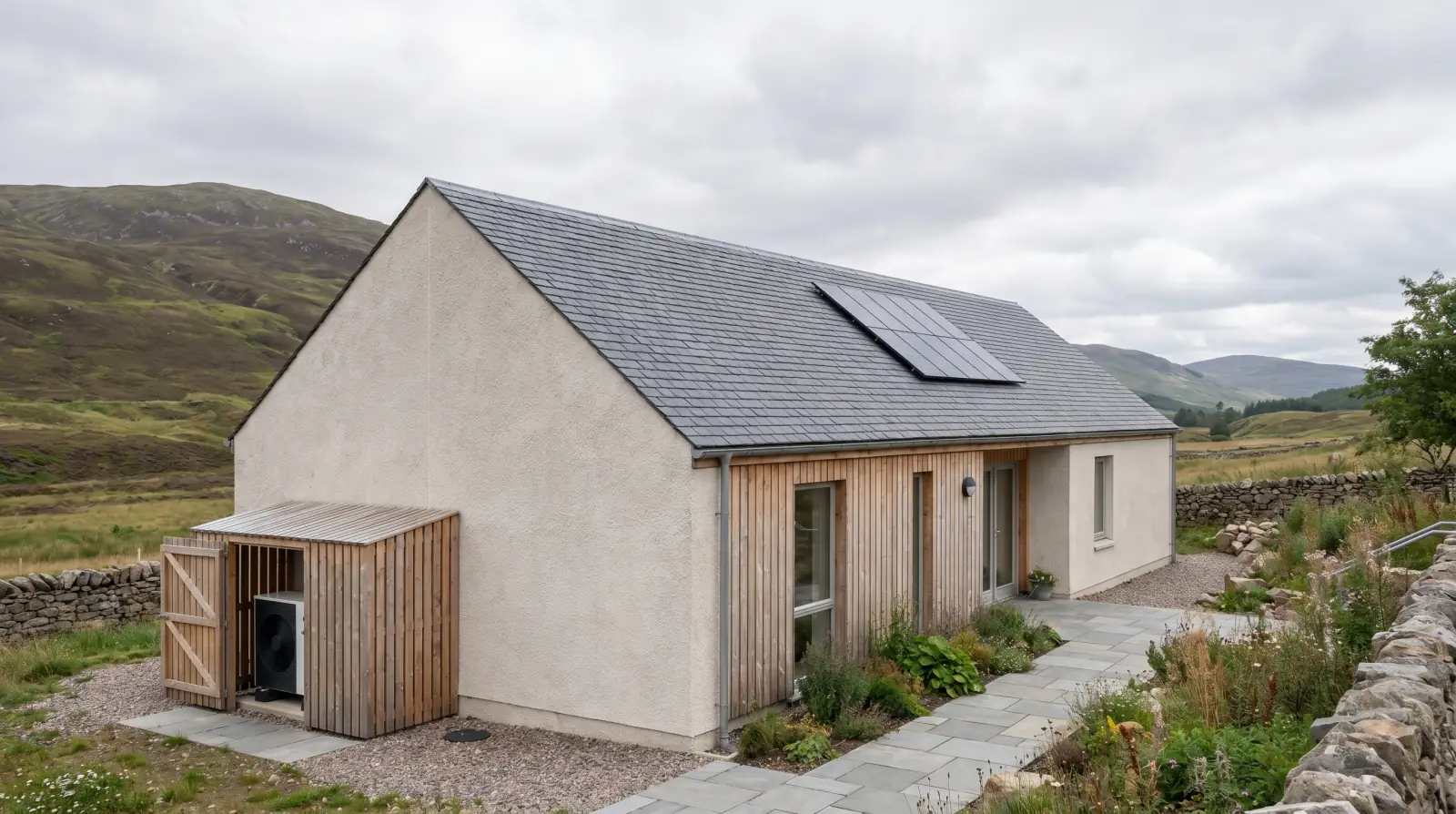 Rural Scottish public-sector building with subtle low-carbon energy upgrades