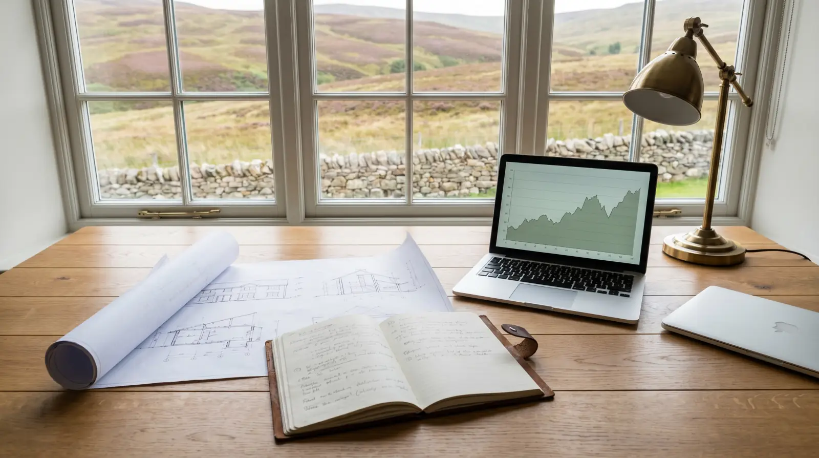 Technical plans and energy consultancy workspace overlooking a Highland landscape